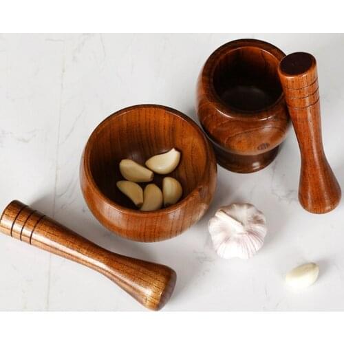 Retro Round Pounded Pestle Jar Set Manual Garlic Masher Old Fashion Solid Wood 85DA