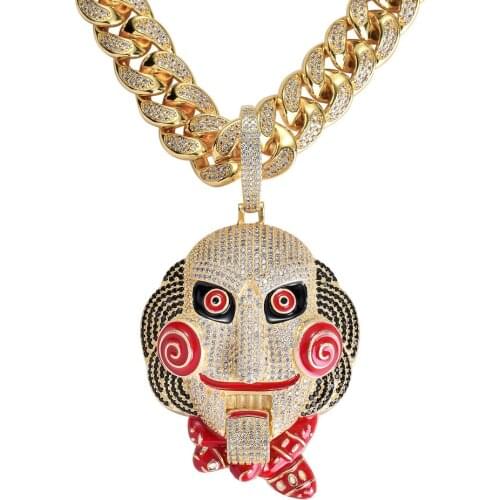 Mens Necklace Halloween Chainsaw Horror Mask Pendant Full of Inlaid Zircon High Quality Hip Hop Trendy Cuban Necklace