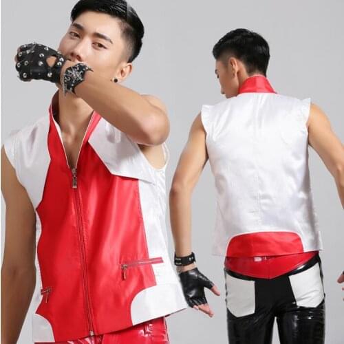 Original colete masculino men vest clothing red white personalized singer dance stage street star style dress Vcollar fashion