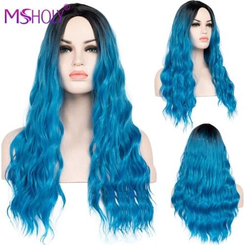 Ombre Black Blue Orange Wig Long Wavy Natural Wave Synthetic Wig Water Wave Heat Resistant Cosplay Hair Wigs For Women Msholy