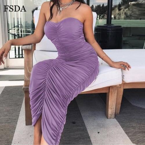 FSDA Sleeveless Black Ruched Long Bodycon Dress Backless Strapless Off Shoulder Party Sexy Summer Night Club Women Midi Dress