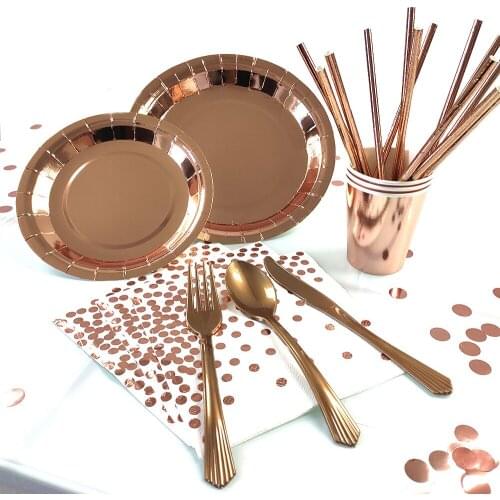 Rose Gold Tableware Hen Party Wedding Decoration Plate Cups Straw Birthday Party Tableware Decoration