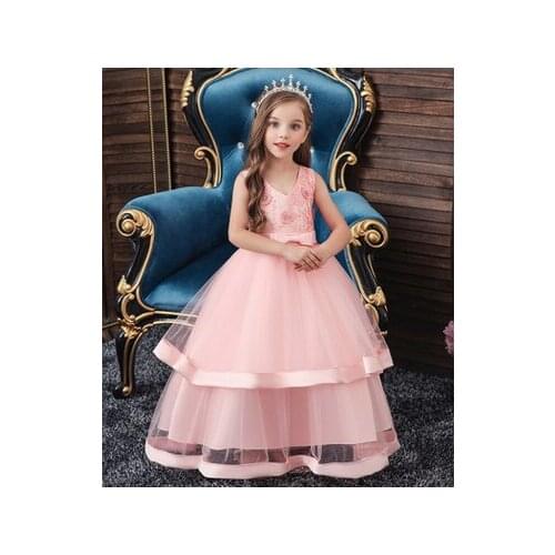 Kids Formal Dress, Girls Floral Embroidery V-Neck Sleeveless One-Piece Princess Dress for Summer Fall, 3-11 Years