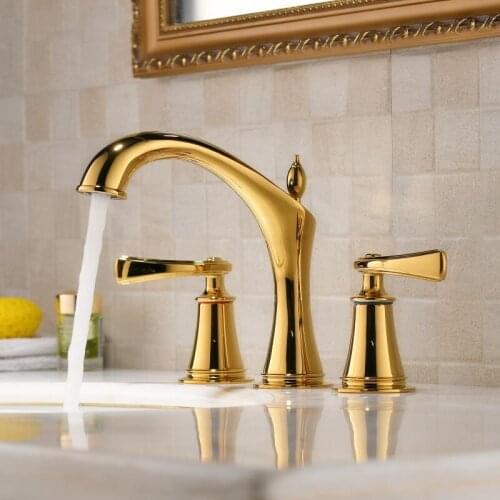 Luxury gold brass bathroom sink faucet Golden basin mixer tap cold hot water bathroom faucet Two handle Three holes High quality