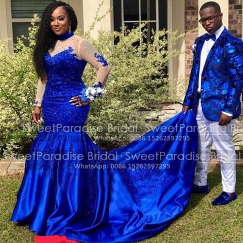2020 Long Sleeves Mermaid Evening Dress With Appliques Beads Royal Blue Satin Sheer High Neck Women Prom Dresses Vestidos