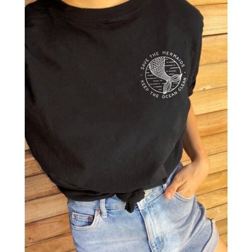Save The Mermaids Keep The Ocean Clean Pocket T-shirt Trendy Summer Crewneck Graphic Vegan Tee Top Women Aesthetic Slogan Tshirt
