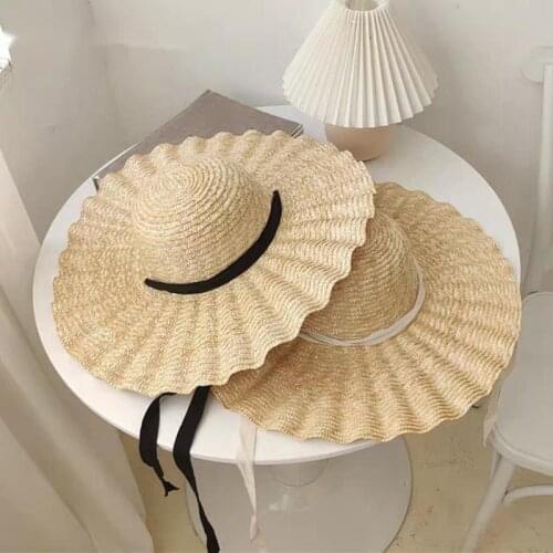 2020 New Large Brim Ribbon Straw Hat Summer Hats For Women Ribbon Beach Cap Beach hat Dome Top Sun Hat Holiday Elegant cap