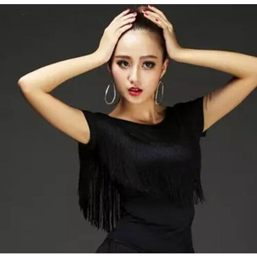 New Adult Latin Dance Tops Female Short Sleeve Lady Dancing Practice Shirt Sexy Women Ballroom Cha Cha Samba Latin Tassel Tops