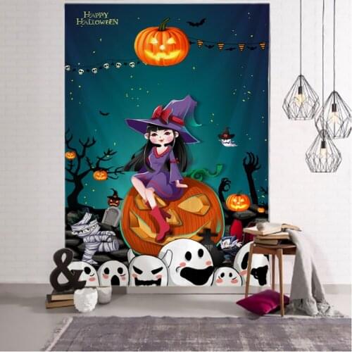 Witch Pumpkin Halloween Tapestry Cute Funny Cartoon Pattern Party Decorate Bohemian Psychedelic Tapiz Witchcraft Wall Hanging