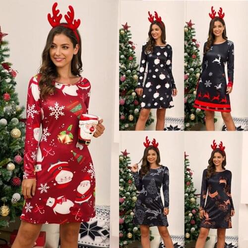 Xxxl Plus Size Women Fashion Round Collar Christmas Dress Autumn and Winter Casual Long Sleeve Printed Dress Slim Fit Skirts
