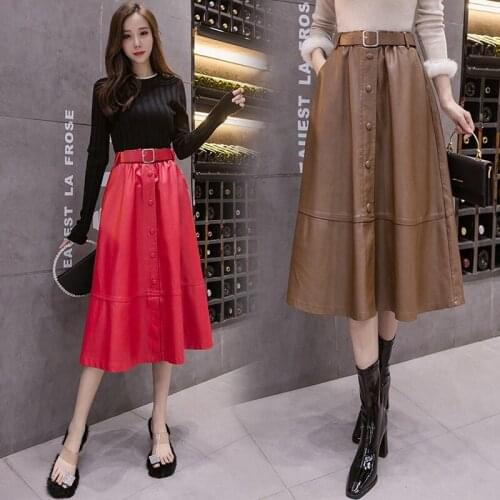 Autumn And Winter Skirt Midi Design Retro High Waist A-Line Leather Skirts Women Fashion Chic Elegant Umbrella Jupe Femme y851