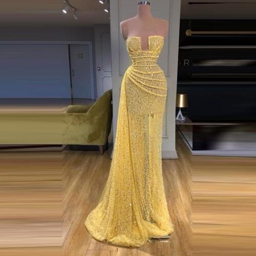 Yellow Sequins Prom Dresses Strapless Sexy Illusion Women Formal Event Evening Prom Girls Gala Party Long Gowns