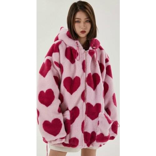 Harajuku Y2K Heart Print Plush Lamb Wool Jacket Women Winter Korean Oversize Long Sleeve Hooded Cotton Coat Thick Warm Hoodie