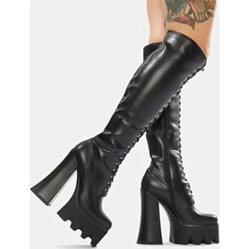 PXELENA NEW Plus Size 34-41 Punk Rock Gothic Motorcycle Knee High Boots Women Lace Up Split Leather Combat Military Martin Shoes