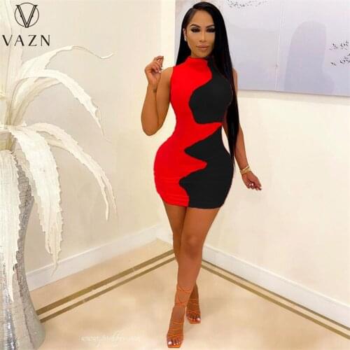 VAZN 2021 INS Patchwork Little Chap Regular Mini Dress Sweet Young Halter Off Shoulder Joker Overalls Vestidos For Female