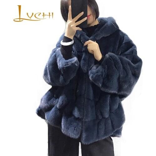 LVCHI Winter 2019 Full Pelt Mink Fur Coat Womens Full Sleeve Fur Coat Causal With Fur Hood Wave Cut Slim Loss Short Mink Coats
