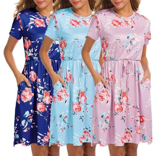 Summer explosions Europe and the United States new womens round neck tie waist casual print dress dress elegant Polyester