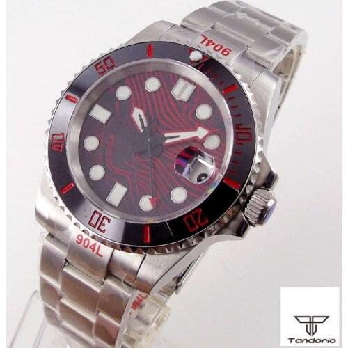 40mm Red Face Mens Automatic Watch Japan NH35 Movement Sapphire Glass 904L Oyster Bracelet Glide Lock Ceramic Insert