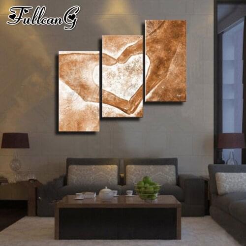 FULLCANG 5d diy diamond embroidery abstract hand heart icon diamond painting triptych full square round drill home decor FC3327