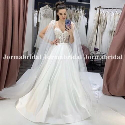 Spaghetti Straps Illusion Wedding Dresses With Ribbon A-Line Sweetheart Neck Shiny Bodice Bridal Gowns Robe De Soirée De Mariage