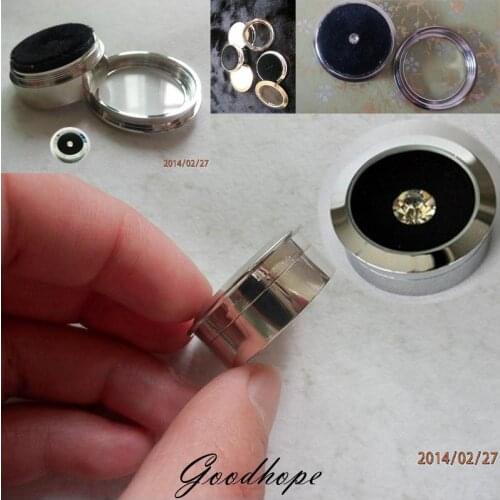 Shiny Loose Diamond Display Case Holder Gem Show Container Round Stainless Steel Metal Box with White and Black Pad Stone Stands