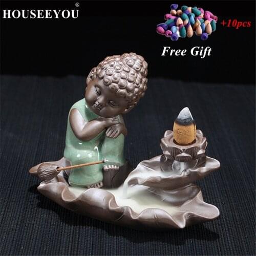 HOUSEEYOU Glaze Ice Crack Buddha Backflow Incense Burner +10PCS Cones Ceramic Mountains Waterfall Incense Holder Aroma Censer