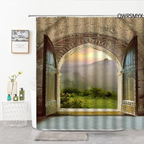 Stone Pillars Landscape Scenery Shower Curtains European-Style Chinese Style Building Bathroom Curtain Home Deco Bath Supplies