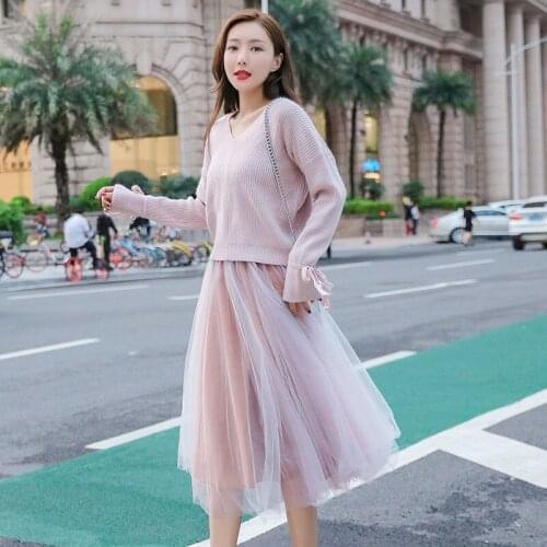 2021 Women Spring Autumn Fashion Two-piece Suits Female Loose Pullover Sweaters Ladies High Waist Mesh A-line Skirts Sets Y482