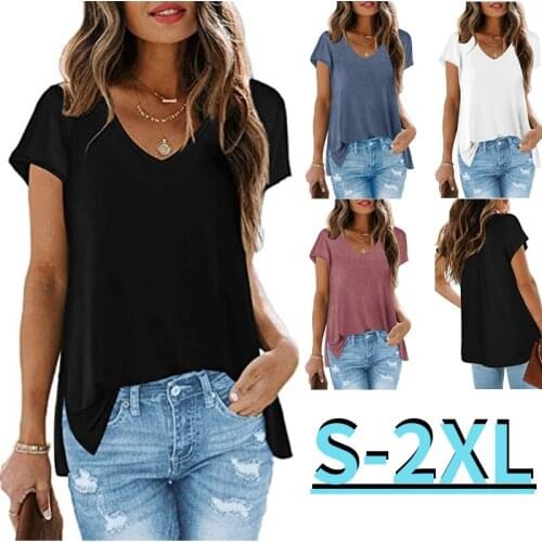 Kuelawear Hem Split Solid Color T-shirt Ladies Casual Cotton T-shirts Short Sleeve V-neck Loose Tops Summer Womens Pullover Tops