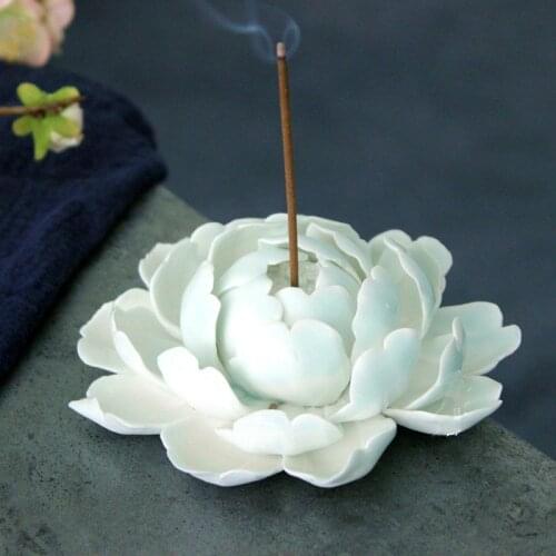 Lotus Incense Burner, Ceramic Incense Stick, Tea Ceremony Incense Burner, Creative Peony Decoration, White Flower Decoration
