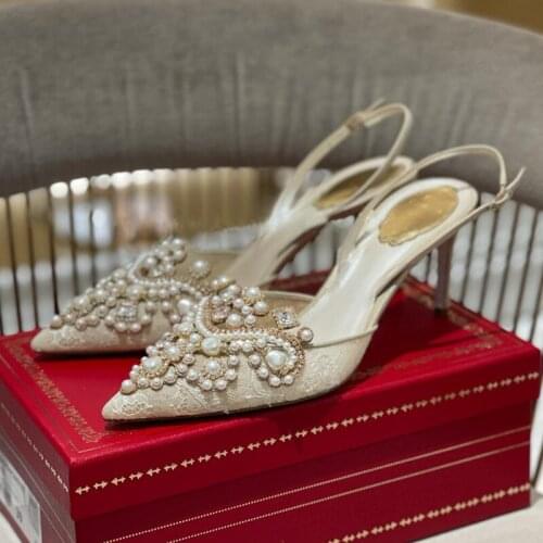Summer new style rhinestone lace fine high-heeled pointed mesh bridal wedding shoes pearl banquet dress low-heeled women sandals
