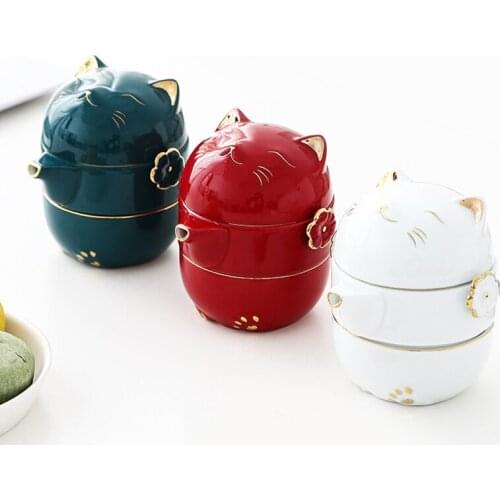 LUWU Ceramic Teapot with 2 Cups Cute Cat Portable Travel Tea Sets