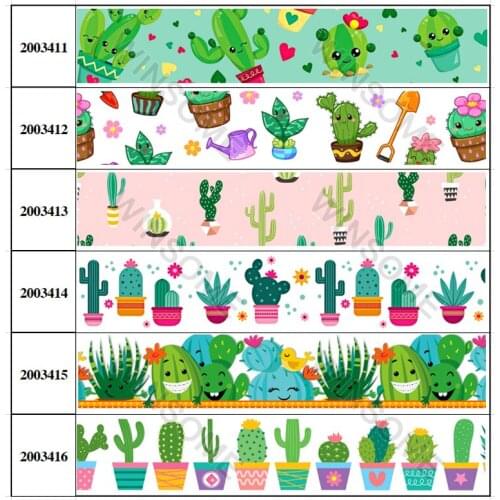 Cute Cactus Cartoon Printed Grosgrain/Satin Ribbon 5 Yards 22mm/25mm/38mm/50mm/75mm for DIY Hair Bows Gift Wrap