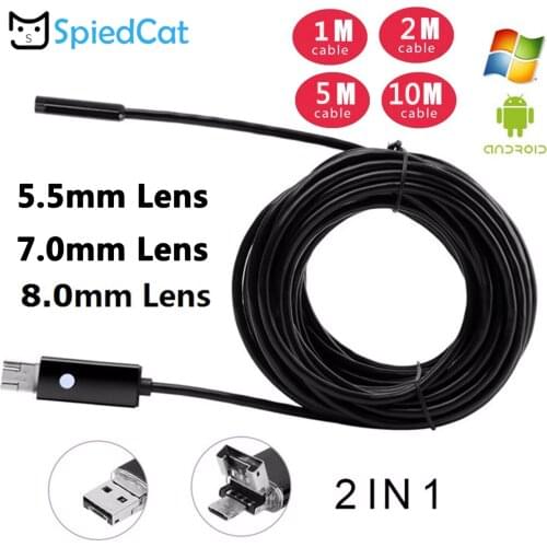 SPIED CAT Mini 2in1 1/2/5/10M Soft Cable Endoscope Camera Snake Car inspection Pipe micro USB For Android Phone PC Window