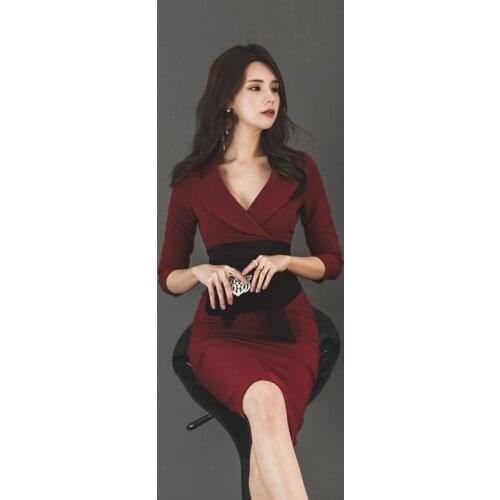 Fashion women OL sexy v-neck patchwork dress new arrival personality temperament party simple comfortable wine red pencil dress