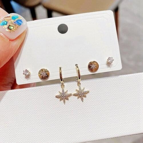 Trendy 3 Pairs CZ Crystal Star Earrings for Women Gold Color Plated Cubic Zirconia Stud Earrings Set