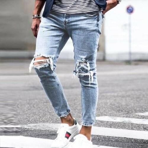 Men jeans ripped skinny jeans blue cat whiskers pencil pants Hole party casual trousers street jeans denim male clothing