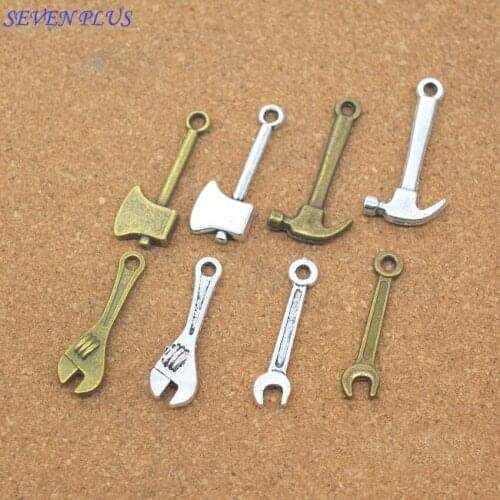 Newest Style 20 Pieces/Lot 24MM Antique Silver plated BronzeDiy Handmade Metal Small Mixed Charms Wrench Axe Hammer Tools Charms