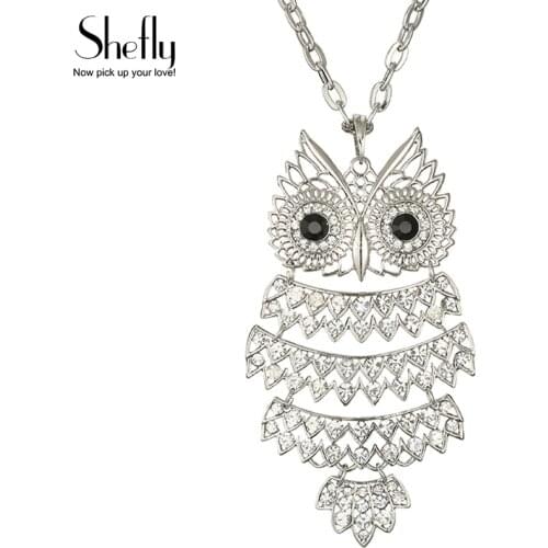Big Owl Pendant Necklace For Women Luxuries Shiny Zircon Stone Silvery Animal Sweater Chain Necklace Jewelry Gift