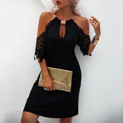 Sexy Off Shoulder Dress Women Halter Summer Dresses Short Sleeve Lace Black Dresses Hollow Out Party Dress Vestidos De Fiesta