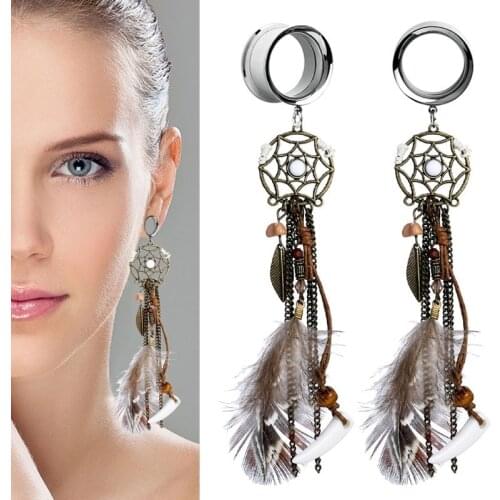 2pieces Dreamcatcher Dangle Ear Gauges Ear Flesh Tunnel Plugs Bohemian Feather Tassel Ear Reamer Piercing Expander Body Jewelry