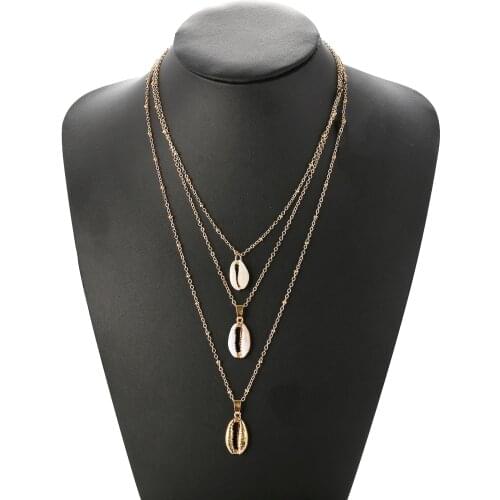 Poputton 3 Multi Layers Natural Shell Pendant Necklace Gold Women Cowrie Seashell Multilayer Necklaces Bohemian Jewelry