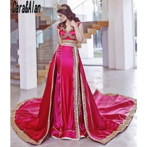 Sexy Hot Pink Evening Dresses with Detachable Train Lace Applique Mermiad Arabic Split Prom Dress for Women Party robe de soirée