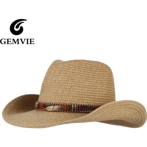 GEMVIE Western Cowboy Hat Sun Hat For Men Cowgirl Summer Hats For Women Lady Straw Hat With Alloy Feather Beads Beach Cap Panama