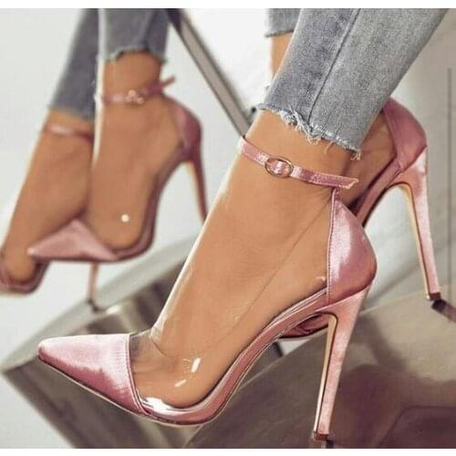 Dipsloot Hot Woman Fashion Pink Silk PVC Patchwork Pointed Toe Pumps Thin Heels Shallow One Line Buckle High Heel Sandals Shoes