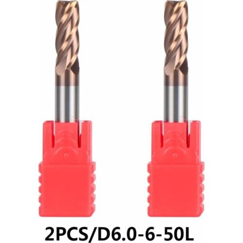 Tungsten Steel End Mills 2pcs/lot D6-6-50 Carbide End mills 4 Flute Flattened Head CNC Milling Cutters HRC55 TiAIN Coated