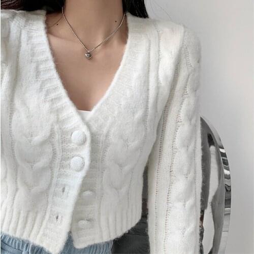 WOMENGAGA New Autumn Winter Solid Color Long Sleeve Knitting Cardigan V-neck Twist French Short Sweater For Women Mg6w