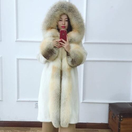 Women real mink fur coat big fox fur collar and cuff hooded long jacket female outerwear winter overcoat
