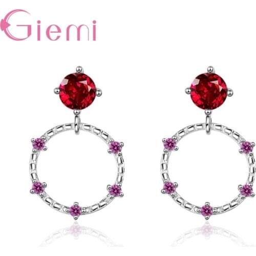 100% 925 Sterling Silver Round Earring Drop Pretty Flowers Embellishment Two Colors For Women Ladies Red Cubic Zircon Gift