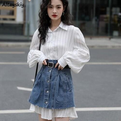 Dress Sets Women Vintage Elegant Denim Single Breasted Office Ladies Turn-down Collar Streetwear Fashionable Clothing Popular